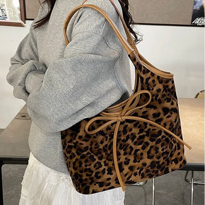 Bag Bow Leopard Print Tote|Black|Brown|Coffee|Wine Red|One Size