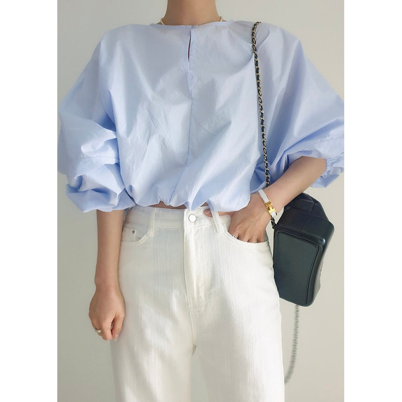 Blue Loose Out O-Neck Puff Light Hollow Shirts Sleeve