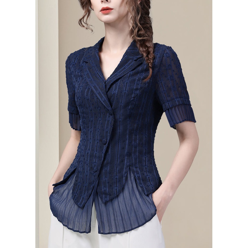 Blue Shirt Peter Fit Pan Summer Button Chiffon Slim Collar