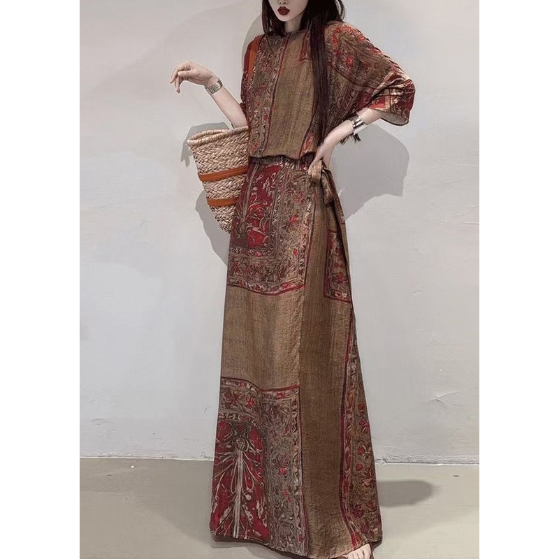 Boho Coffee Holiday Dress Cinched Print Linen Summer