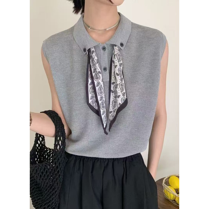 Collar Peter Knit Grey Shirt Scarves Pan Casual Top Sleeveless