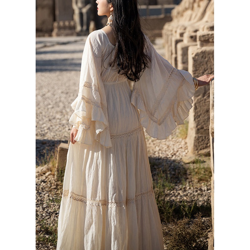 Cotton Beige Art Up Long Lace Sleeve Wrinkled Flare Dress