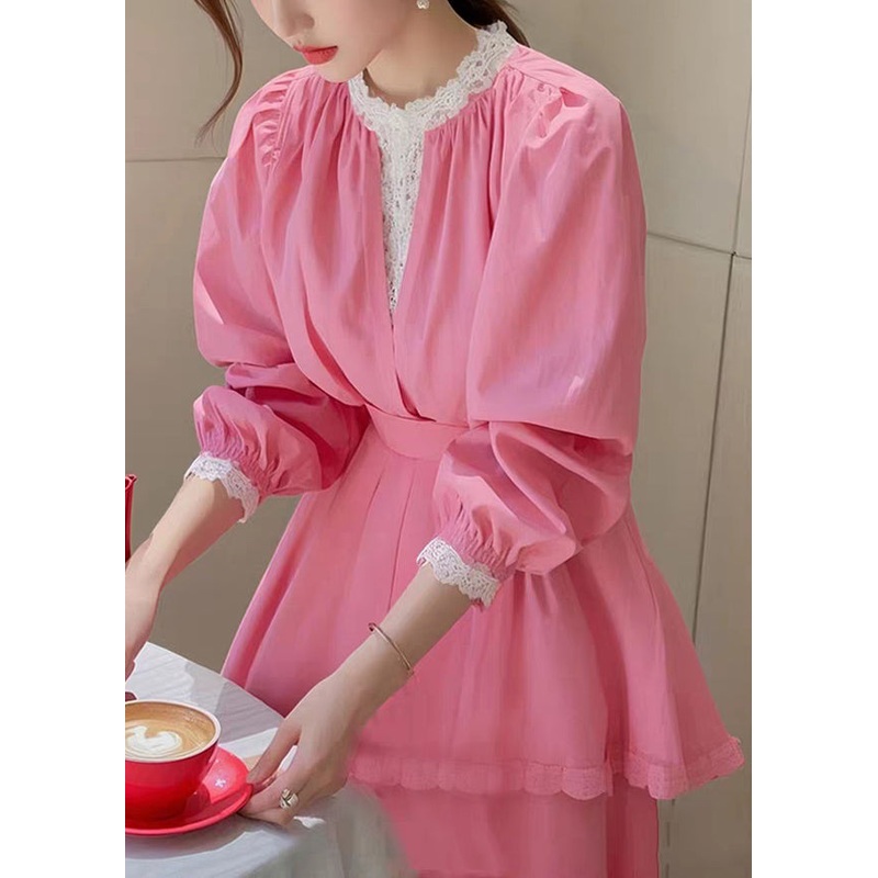 Fit Cotton Blouse Slim Fall Pink Patchwork Lace