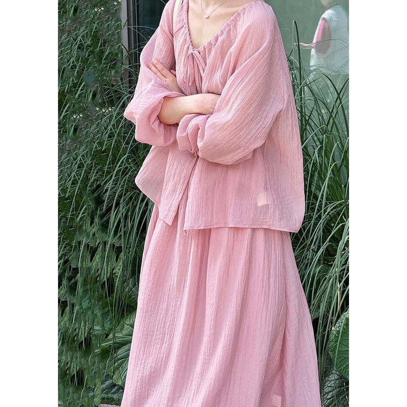 Lace Silk Two Up Wrinkled Shirt Pieces Skirts Set Pink Fall And
