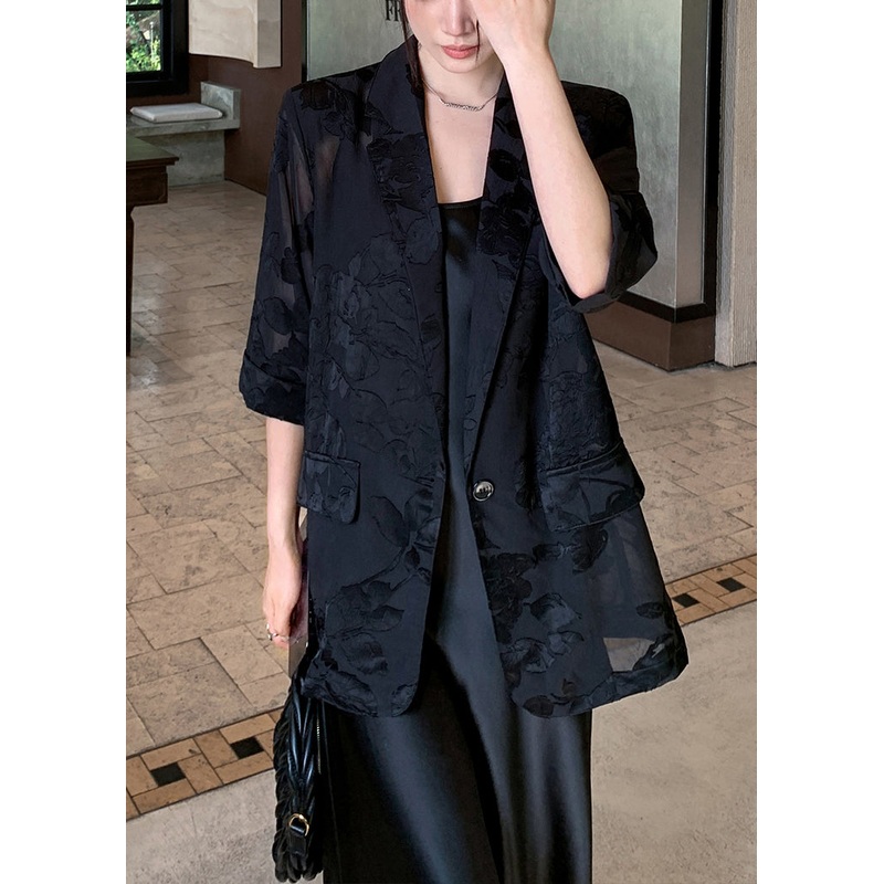New Silk Black Bracelet Coat Notched Pockets Sleeve Button