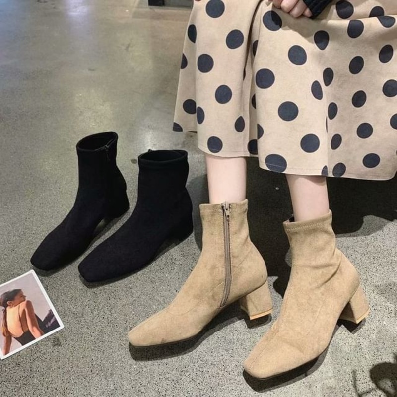 Short Square Boots Chunky Heel Zip-Up Plain Toe