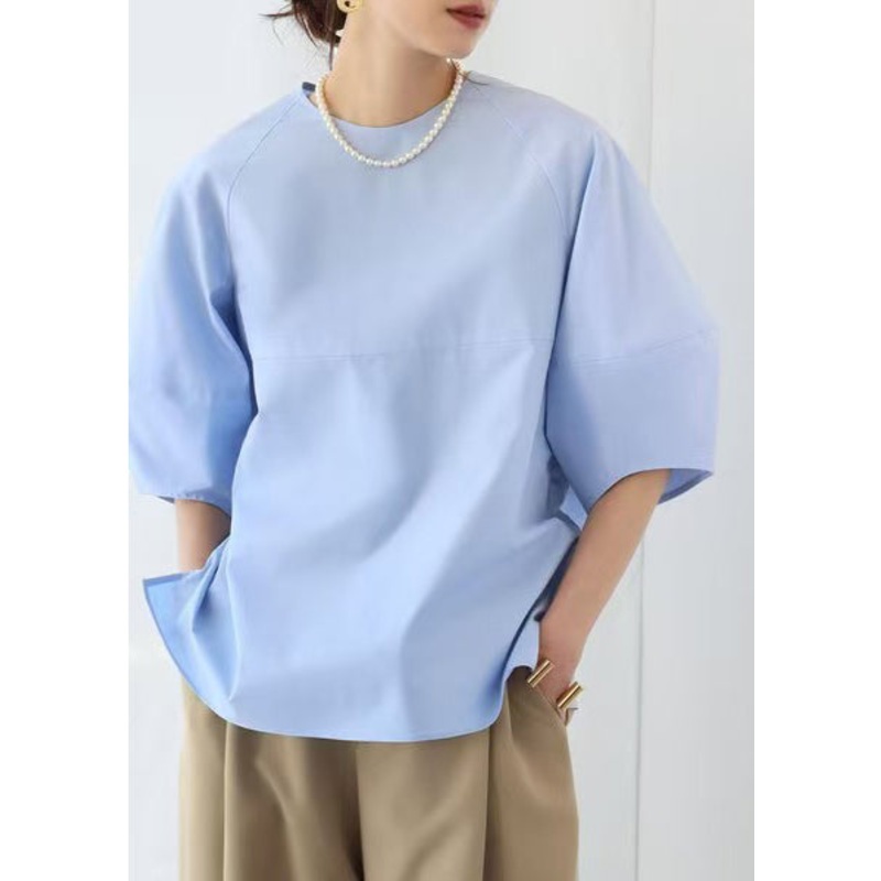 Sleeve Blue O-Neck Tops Cotton Puff Elegant