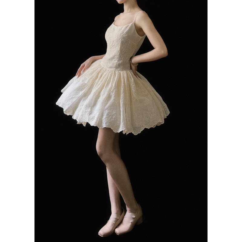 Sleeveless Wrinkled Cotton Dresses Mini Beige Embroidered New