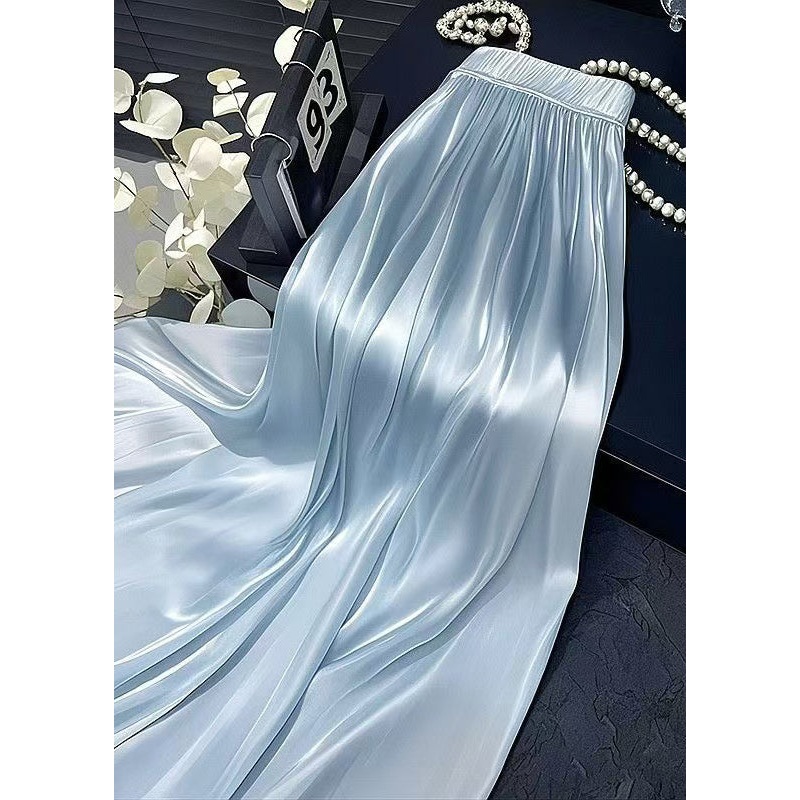 Solid Simple Wrinkled Skirt Waist Silk Elastic Summer Blue