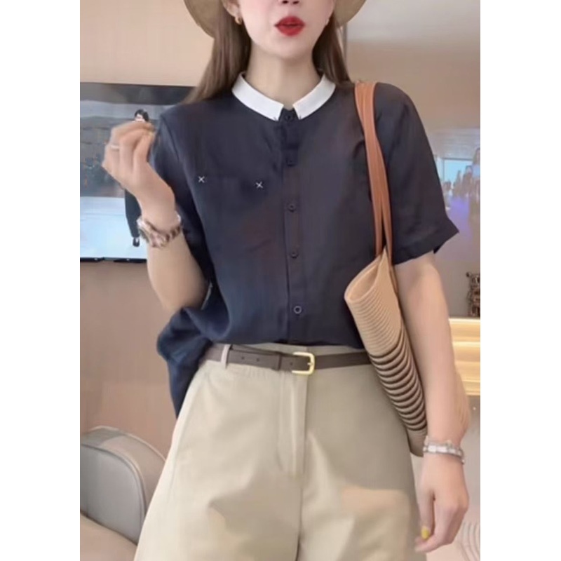Summer Cotton Shirts Navy Pockets Loose Button