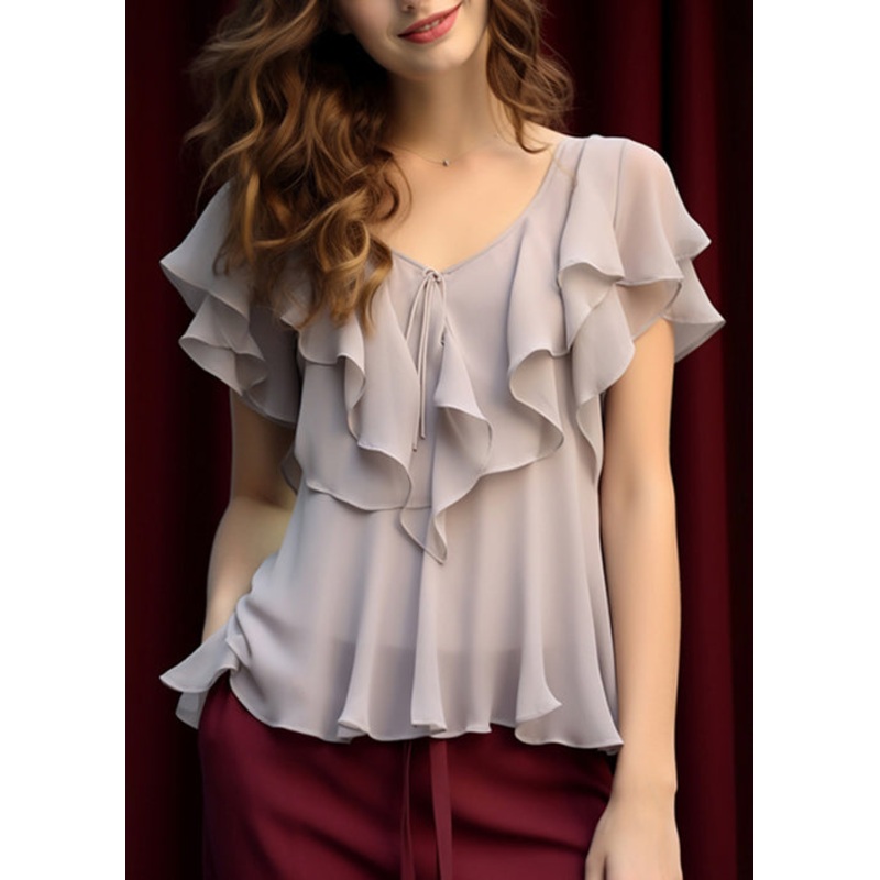 Summer Women Chiffon Top Grey Light Ruffled Up Lace