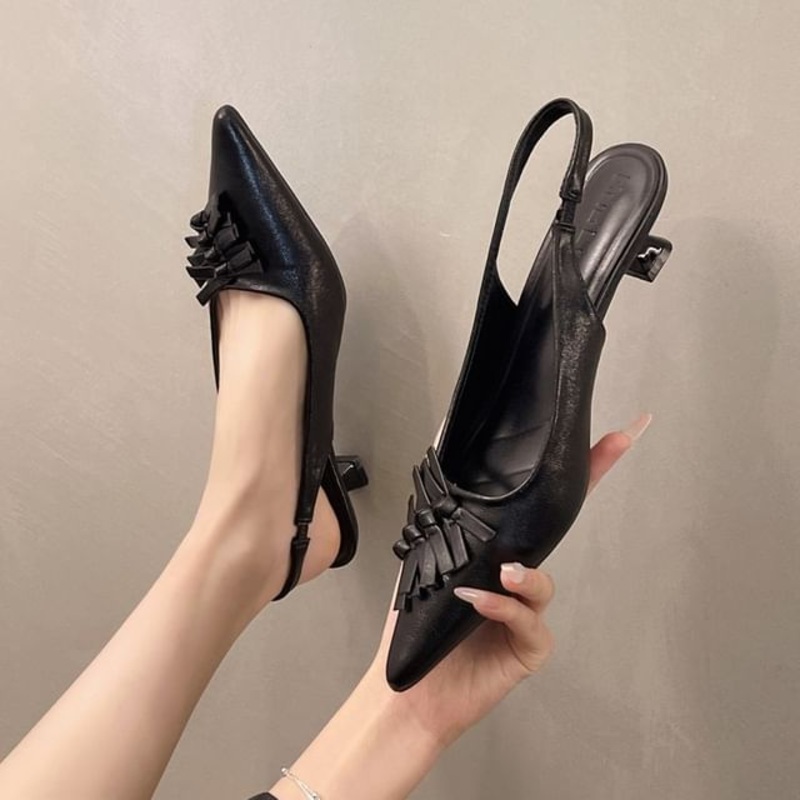Toe Kitten Heel Slingback Faux Pointed Leather Sandals