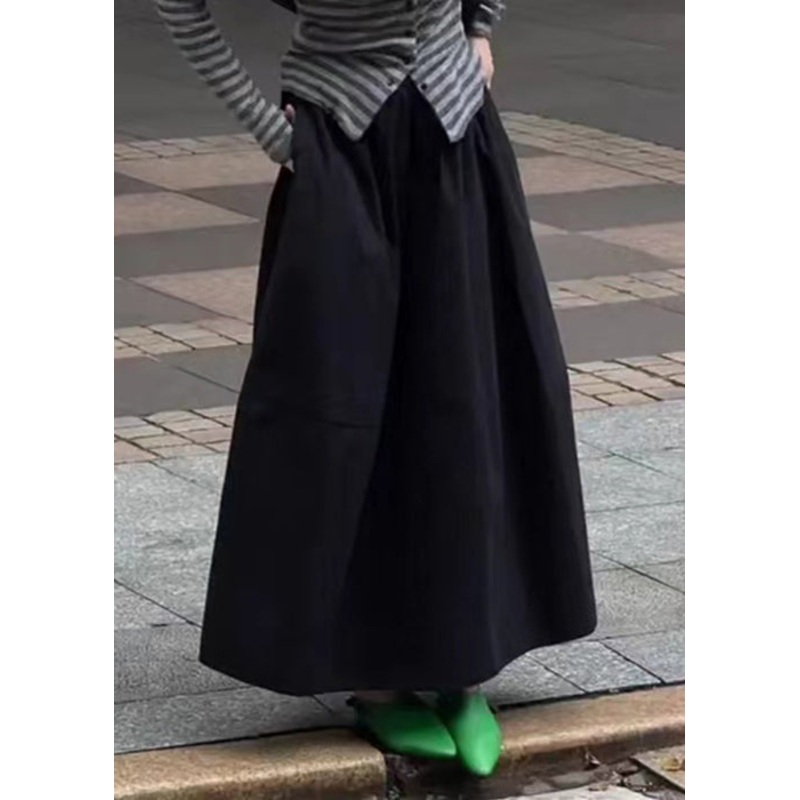Waist Pockets Elastic Solid Skirt Cotton Fall Black Art