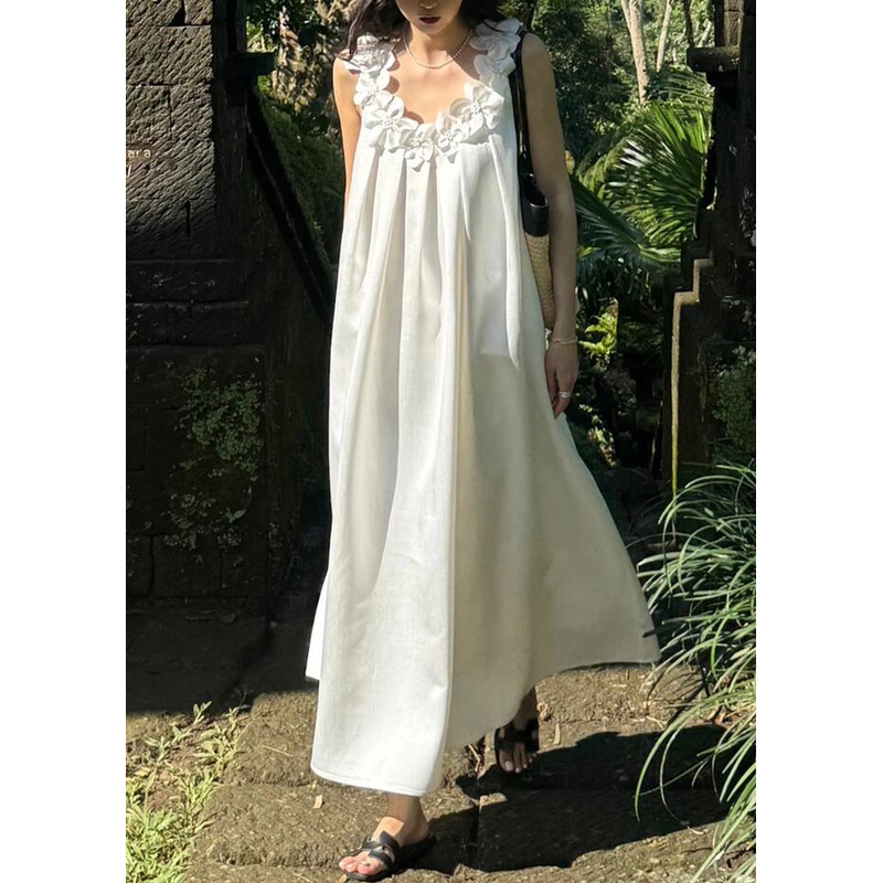 White Cotton New Maxi Floral Solid Sleeveless Dresses
