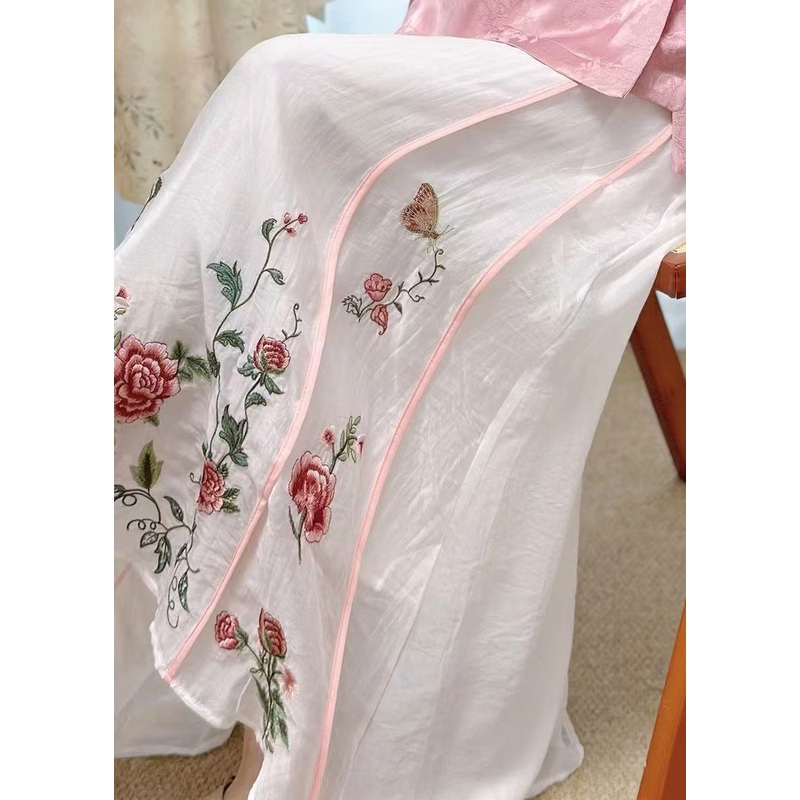 White Elastic Pockets Skirt Embroidered Waist Original Cotton