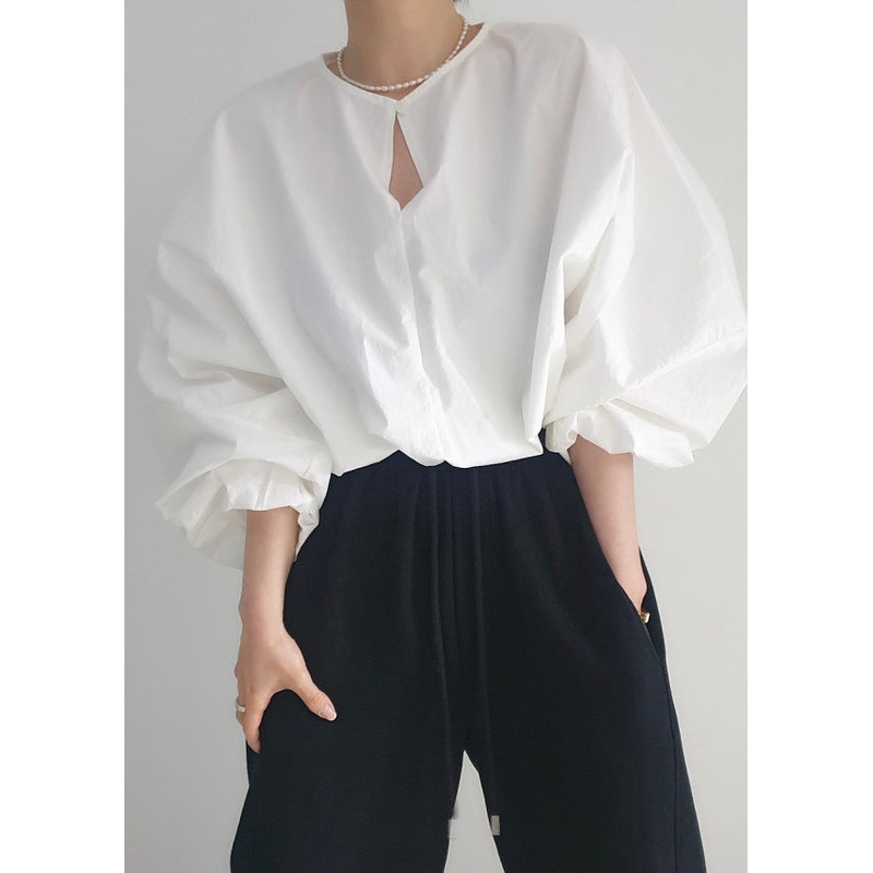 White French Tops Lantern Cotton Shirt Oversized Sleeve