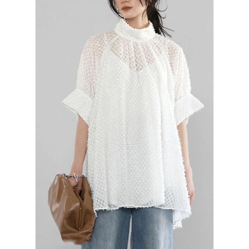 A Stand Collar Tops White Hollow Out Tulle Line Summer
