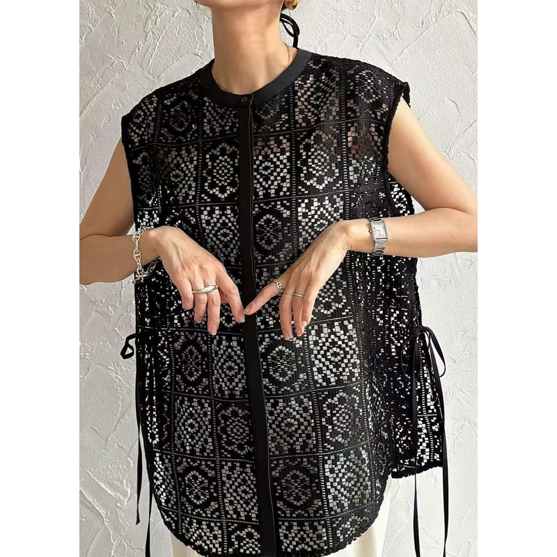 Bohemian Tops Sleeveless Out Lace Hollow Black Oversized