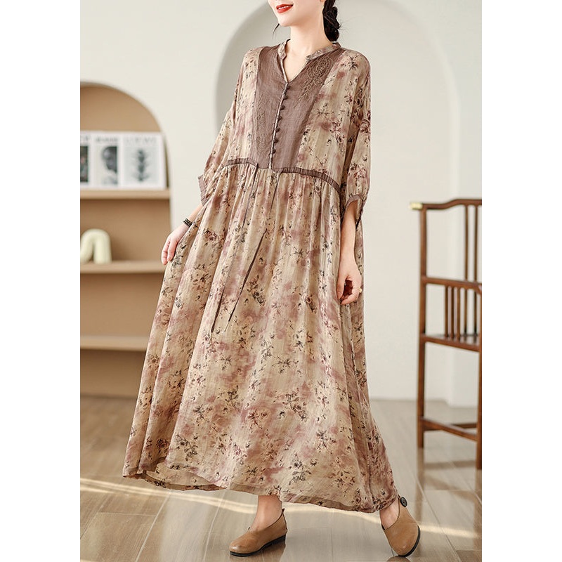 Bracelet Print Linen Art Dresses Brown Sleeve Maxi Cinched