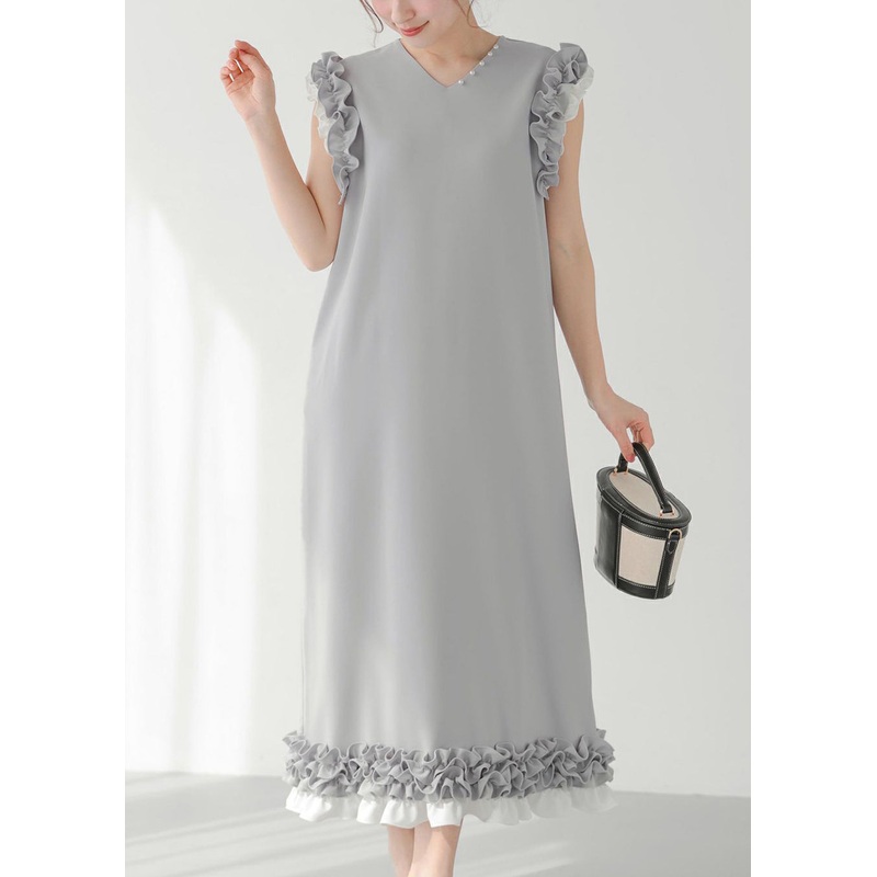 Chic Decorated Pearl Straight Ruffled Dress Patchwork Grey