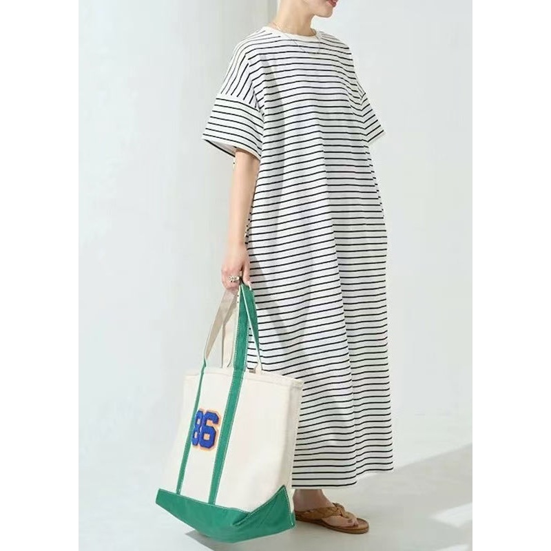 Classy Striped Dress Cotton Oversized Summer Maxi White