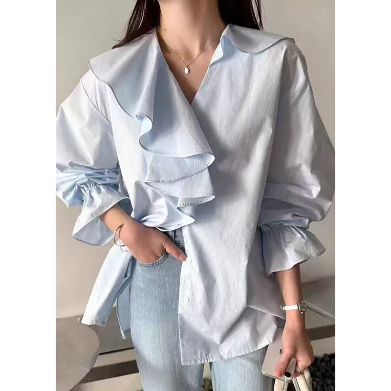 Cotton Ruffles Blue Asymmetrical Sky Fall Fashion Shirt