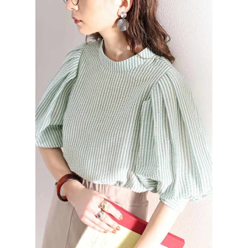 Cotton Sleeve Women Blouses Puff Striped Green