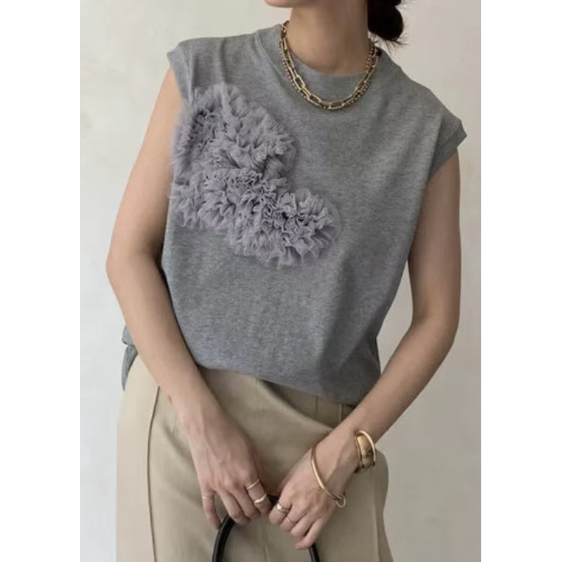 Cotton Tank Boho Tops Floral Decorated Grey Sleeveless