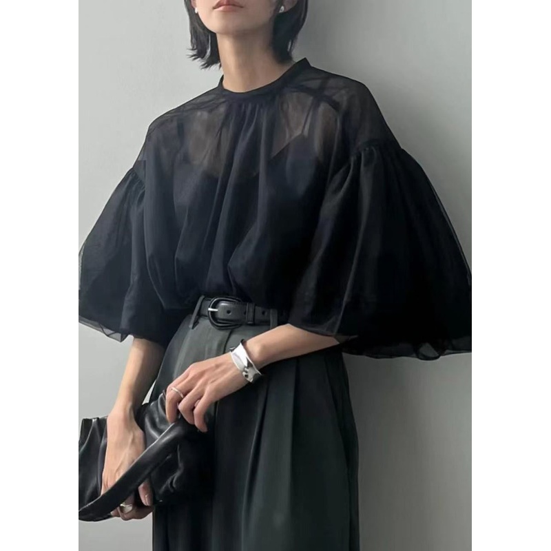 Fine Puff Sheer Tops Tulle Summer Black Sleeve