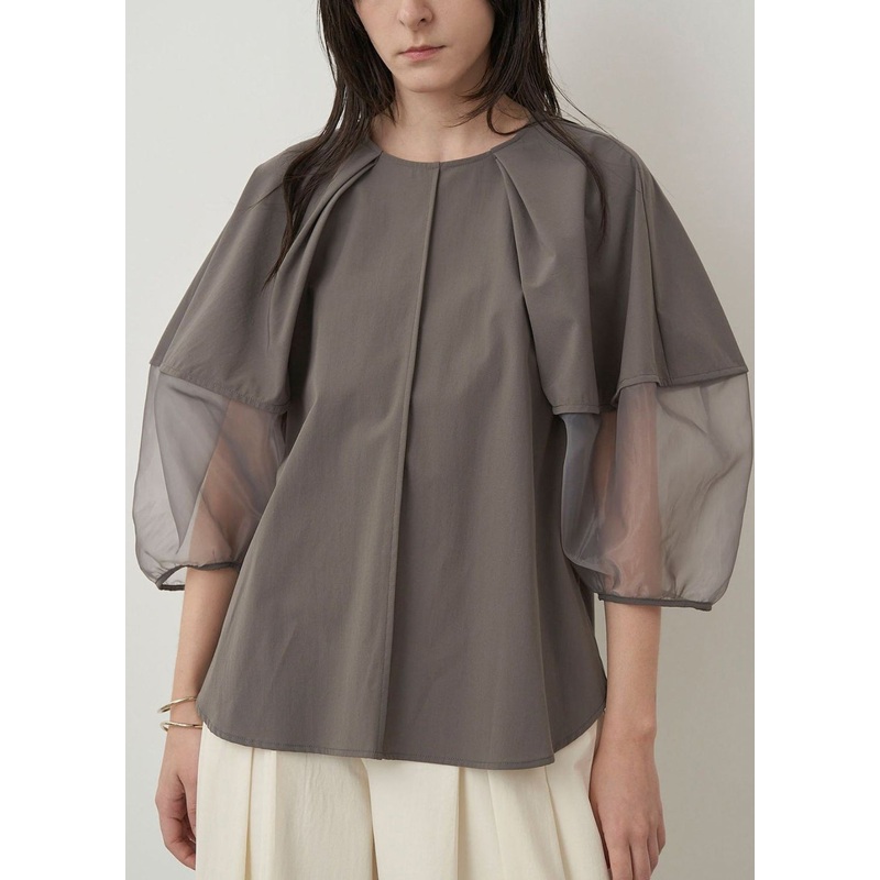 Italian Grey Organza Tops Patchwork Sleeve Summer Puff Shirt