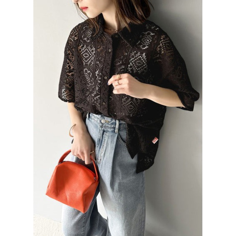 Out Oversized Hollow Summer Lace Classy Black Shirts