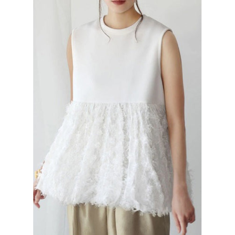 Sleeveless Fashion Cotton Patchwork White Tops Tasseled