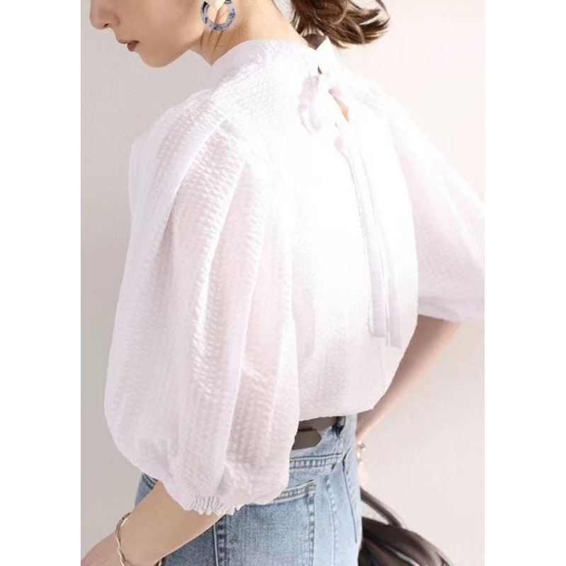Stylish Cotton Puff Blouses Sleeve White Jacquard