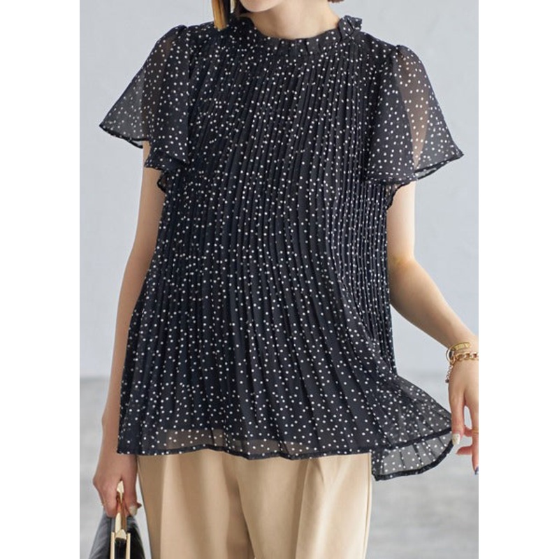 Summer Black Classy Shirts Chiffon Wrinkled Dot