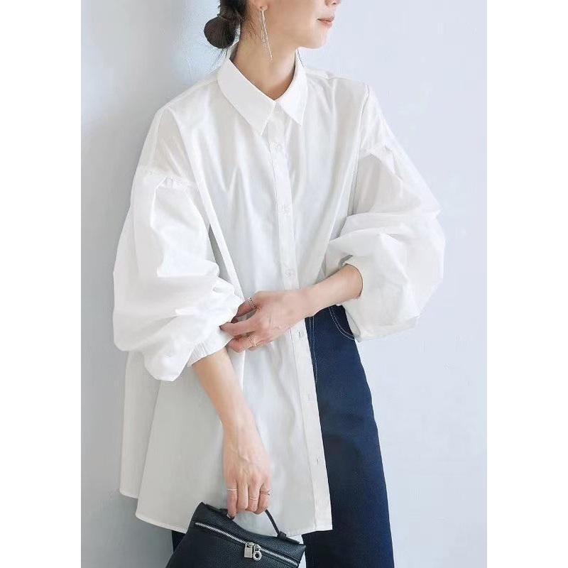 Top Oversized Blouse Lantern Side Open Cotton Fashion White