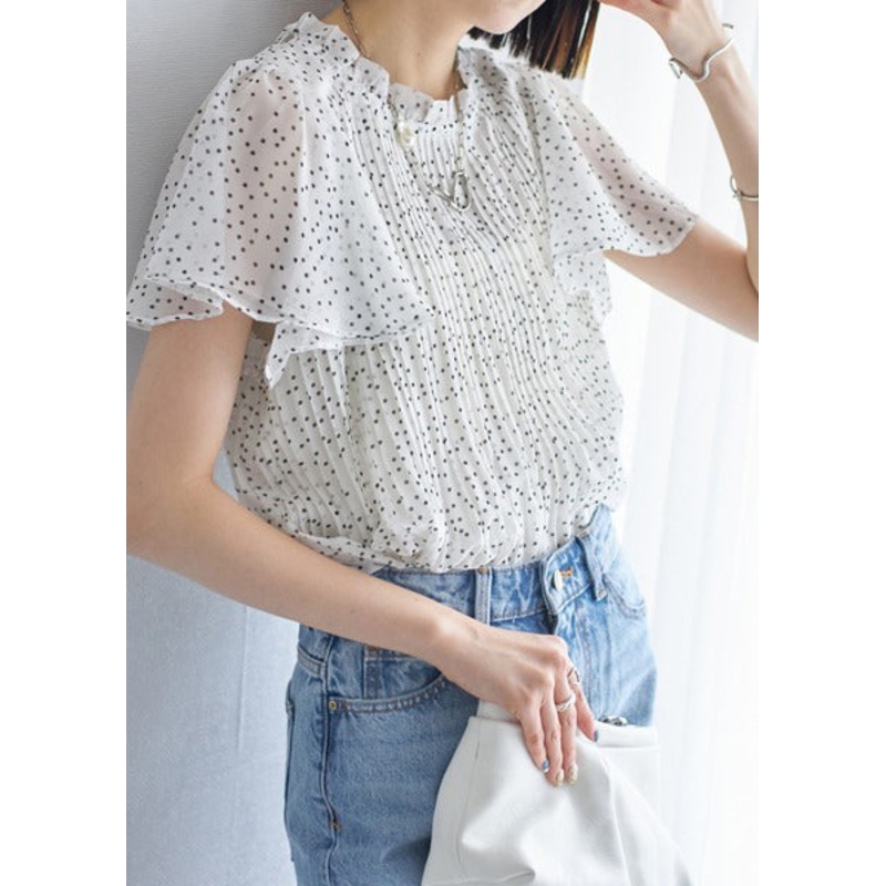 Top White Cloak Sleeves Dot Oversized Chiffon Wrinkled