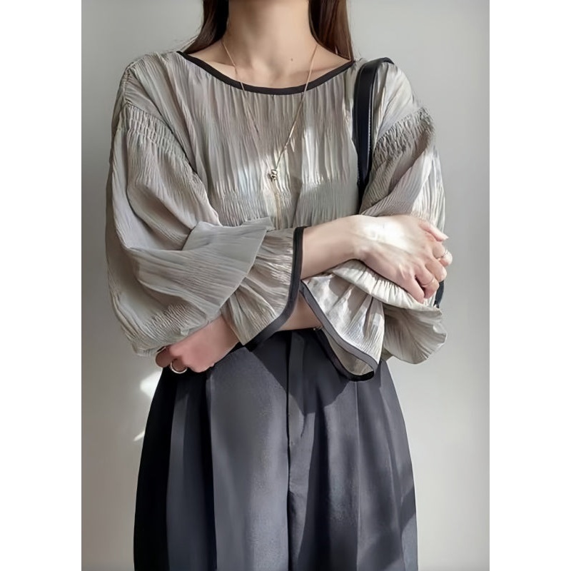 Tops Grey Chiffon Wrinkled Puff Oversized Sleeve Italian
