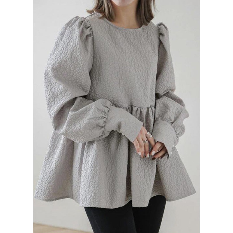 Unique Emboss Tops Blouse Up Cotton Back Fall Grey Lace